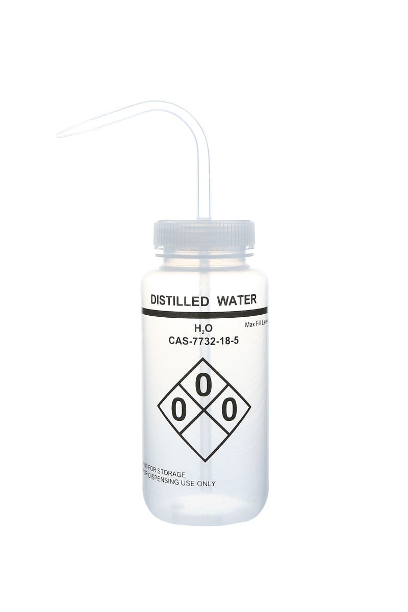 Wash Bottles Safety Labeled, Self Venting, Wide Mouth, 500mL, Distilled Water, Clear/Clear