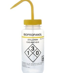 Wash Bottles Safety Labeled, Self Venting, Wide Mouth, 500mL, Isopropanol, Clear/Yellow