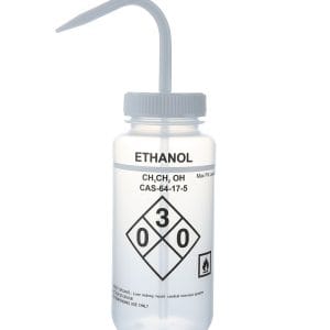 Wash Bottles Safety Labeled, Self Venting, Wide Mouth, 500mL, Ethanol, Clear/White