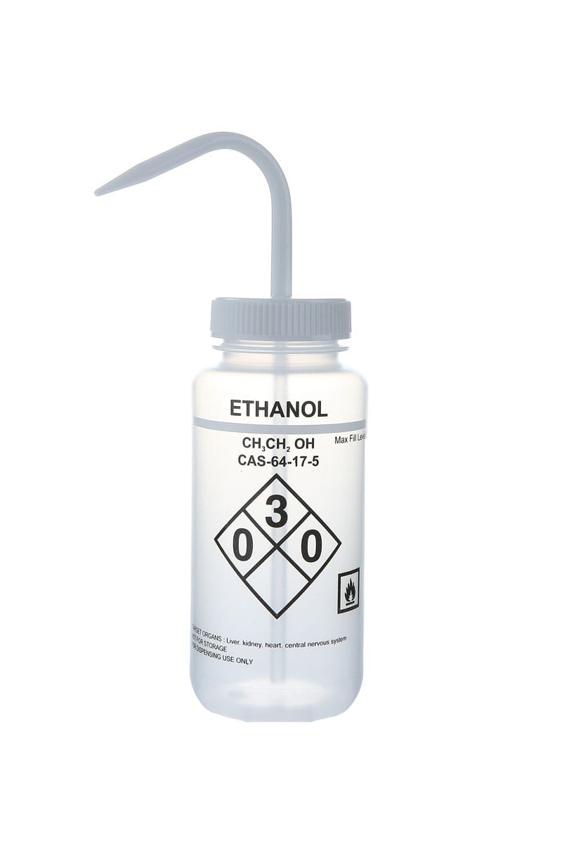 Wash Bottles Safety Labeled, Self Venting, Wide Mouth, 500mL, Ethanol, Clear/White