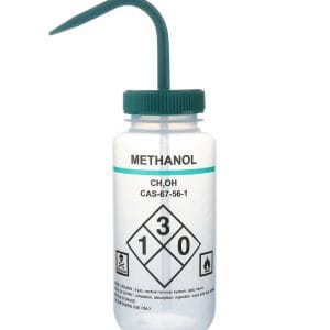 Wash Bottles Safety Labeled, Self Venting, Wide Mouth, 500mL, Methanol, Clear/Green